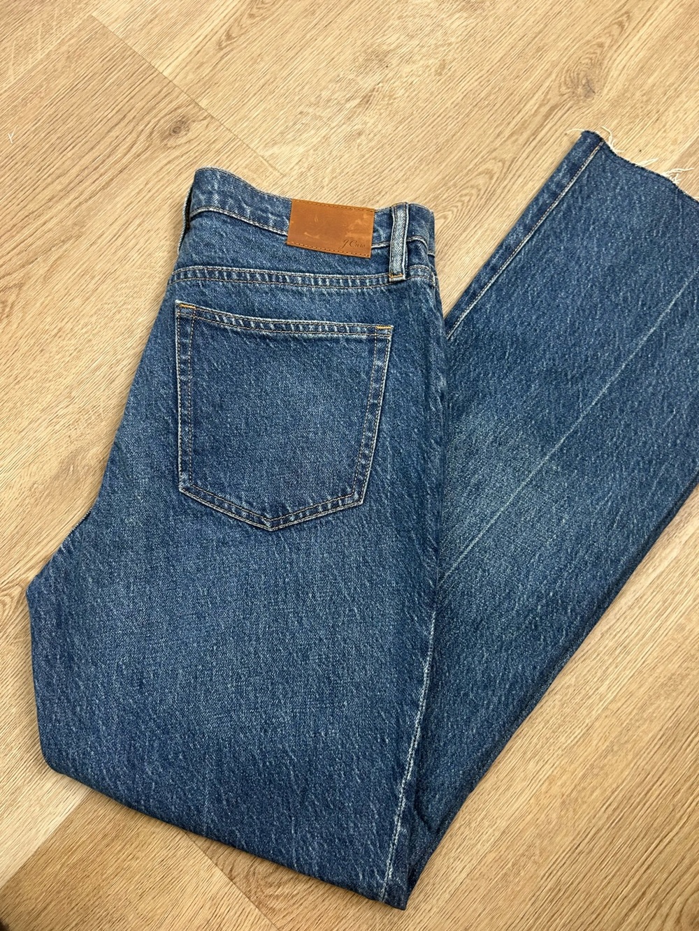 NWT J. Crew 100% Cotton Denim Full Length Demi Boot Leg Jean Leather Patch